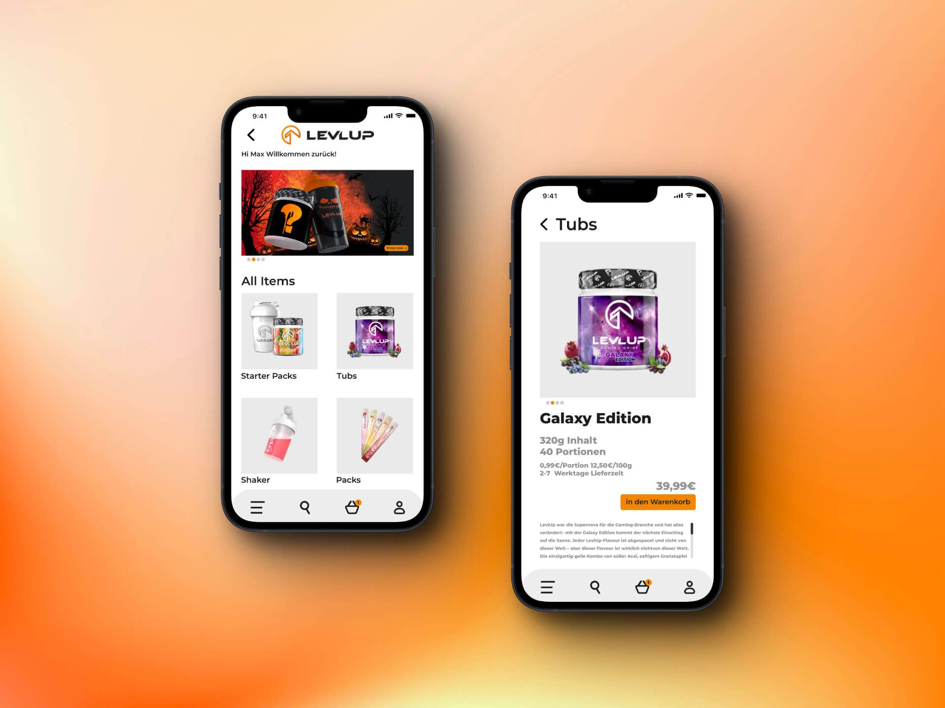 2 screenshots of phones showing the home page and a product page of the app.